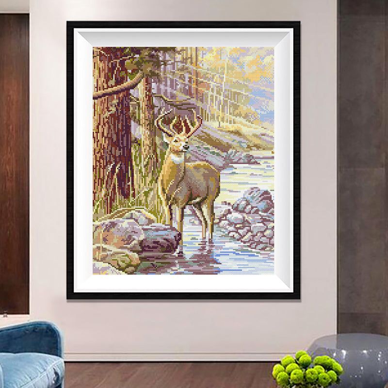 Autumn Buck by the Stream Diamond Painting Kit – Majestic Deer in Fall Forest with Rocky Creek & Golden Light JX22