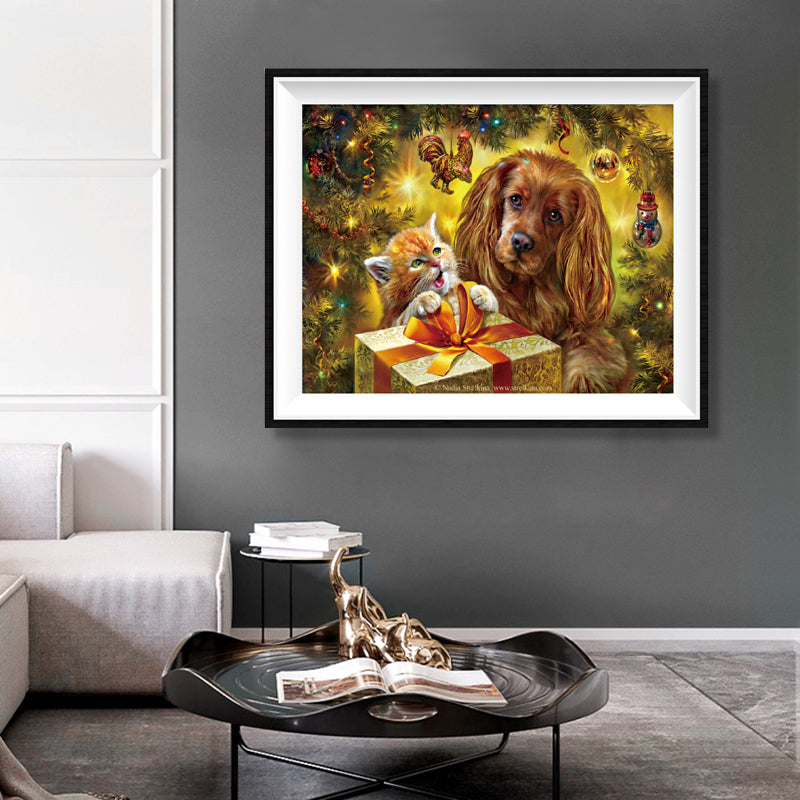 Christmas Surprise Diamond Painting Kit – Kitten & Cocker Spaniel Under the Tree JX77