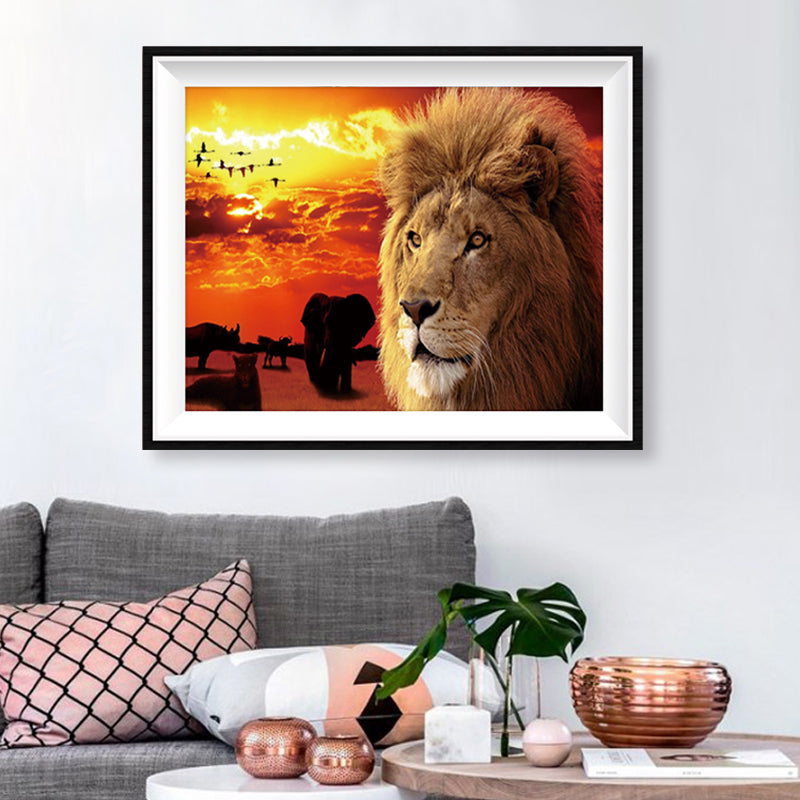 African Lion King Sunset Diamond Painting Kit – Full Drill Epic Wildlife Art JX61