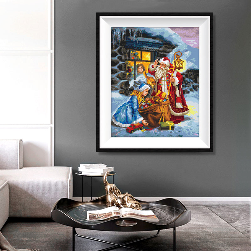 Ded Moroz & Snegurochka Diamond Painting Kit – Russian Christmas Night with Lantern, Gift Sack & Glowing Log Cabin JX75