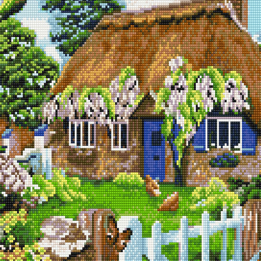 Wisteria Cottage Diamond Painting Kit – Thatched English Cottage with Blue Door, Deer, Squirrel & Garden Birds JX49