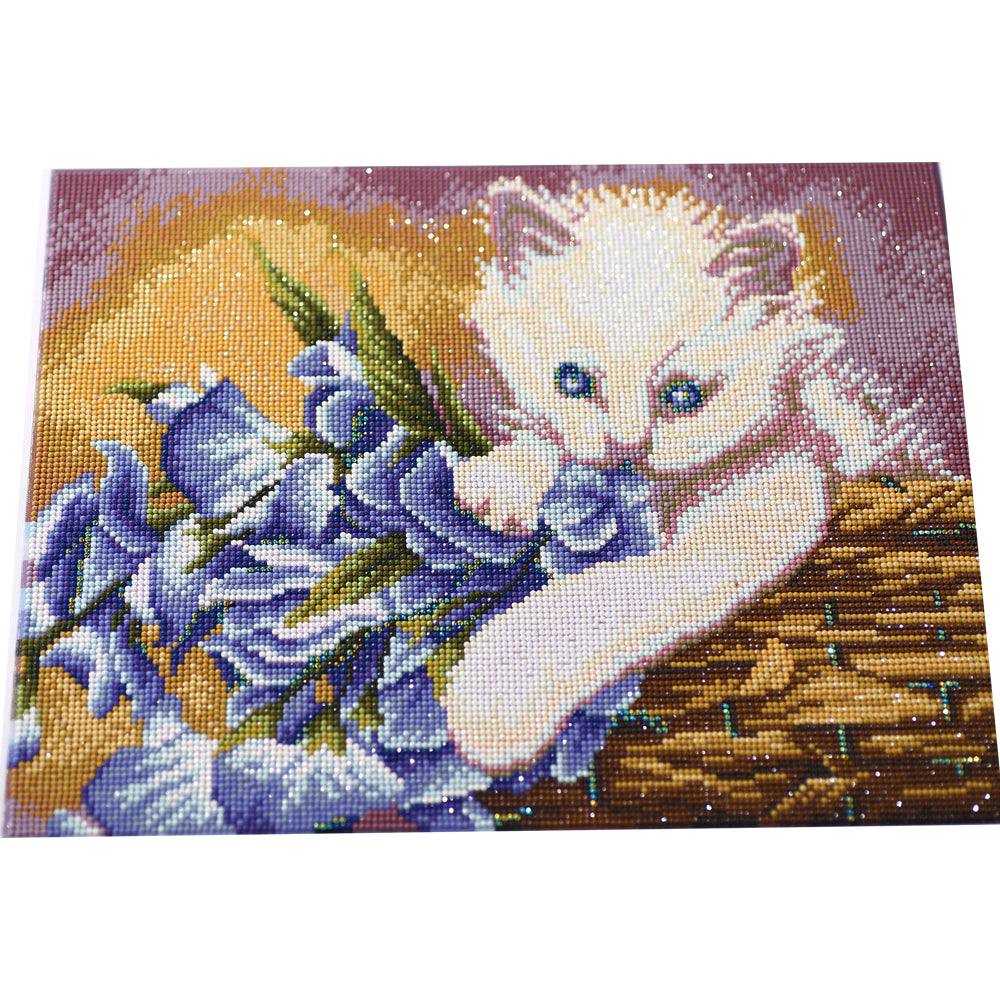 White Kitten with Bluebells Diamond Painting Kit – Full Drill Cute Cat Floral Art JX74