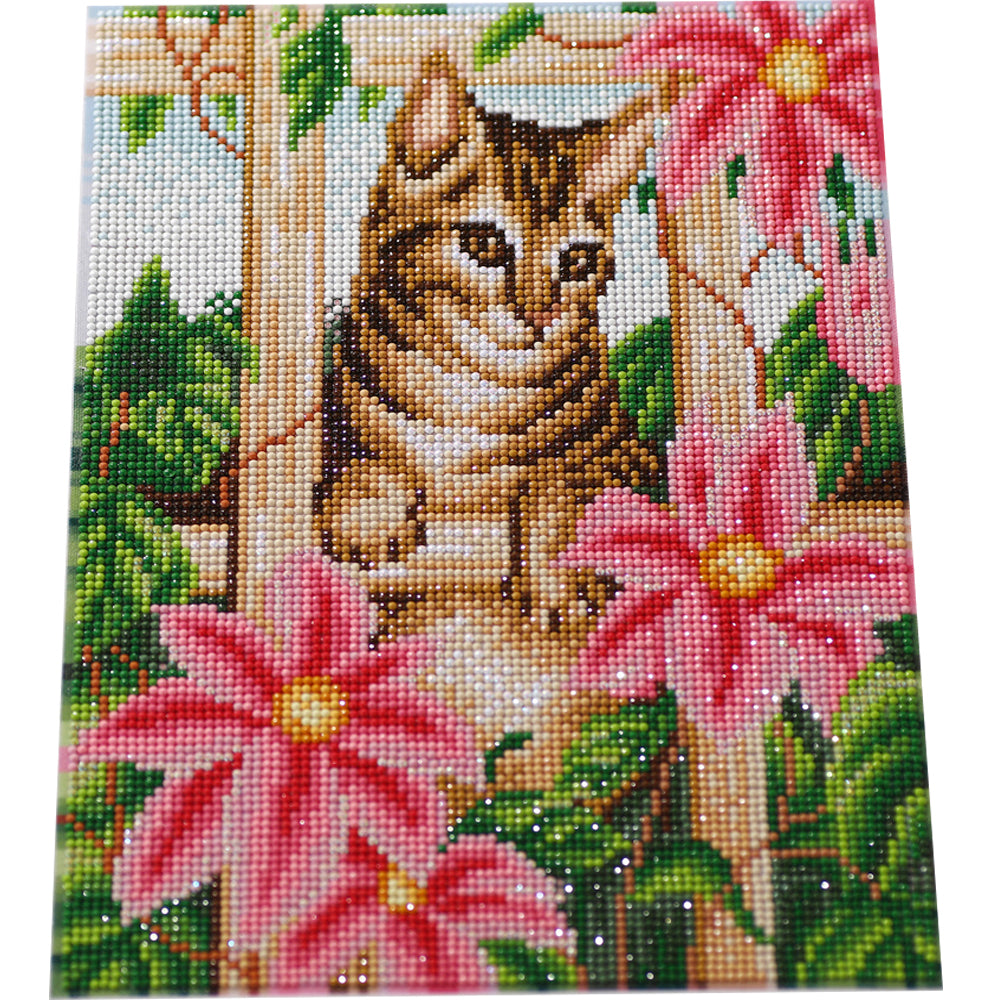 Cat in Flower Garden Diamond Painting Kit – Full Drill Floral Nature Art JM3020