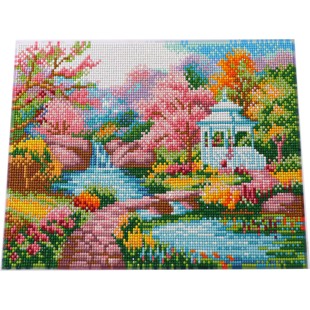 Spring Garden Cottage Diamond Painting Kit – Full Drill Cherry Blossom Landscape Art JM3031
