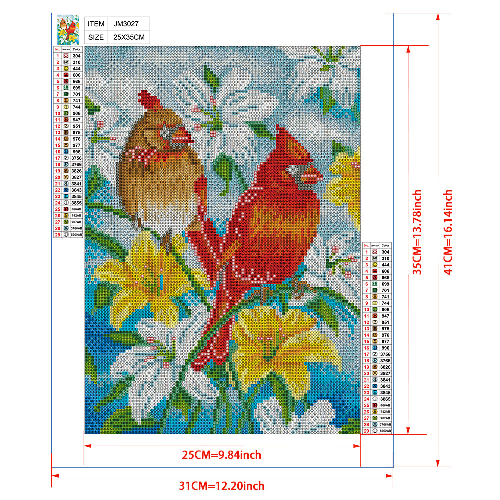 Cardinal Birds in Bloom Diamond Painting Kit – Full Drill Colorful Nature Art JM3027