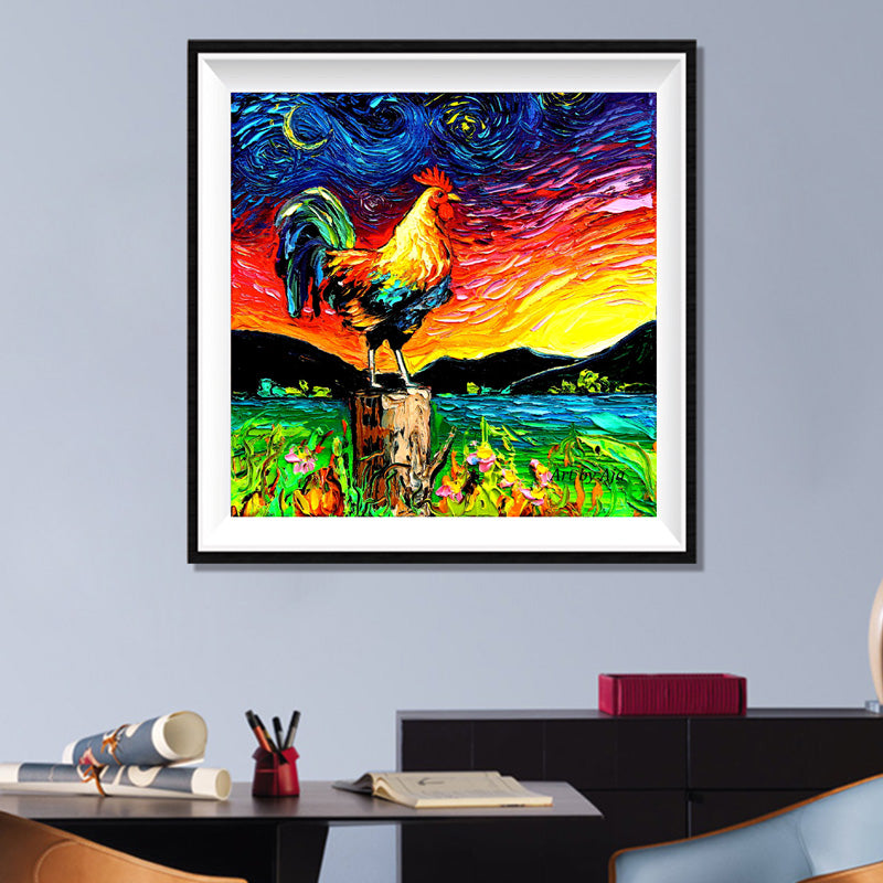 Rooster Starry Night Diamond Painting Kit – Van Gogh Style Full Drill Colorful Art JM3029