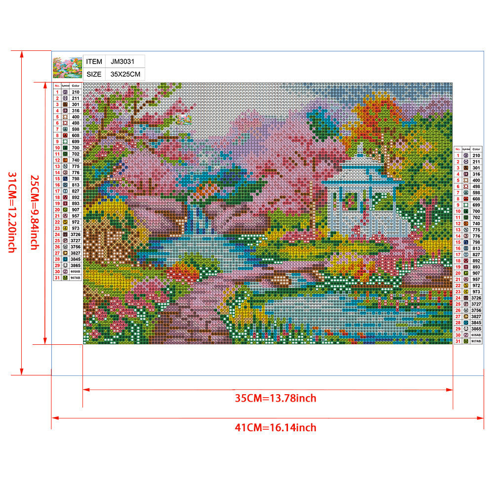 Spring Garden Cottage Diamond Painting Kit – Full Drill Cherry Blossom Landscape Art JM3031
