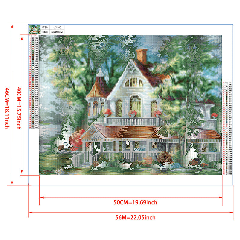 Victorian Cottage Diamond Painting Kit – White Gabled Home with Rose Garden, Picket Fence & Lush Summer Trees JX100