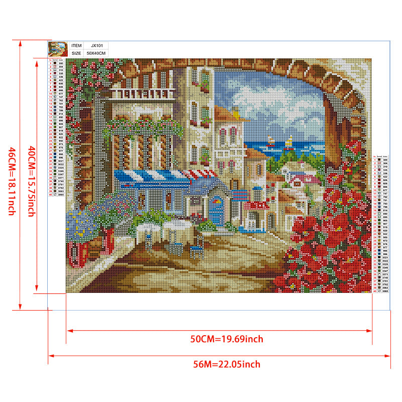 Mediterranean Arch View Diamond Painting Kit – Stone Arch Framing Coastal Town with Café, Red Poppies & Sea Beyond JX101