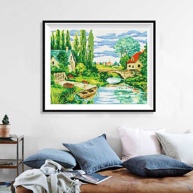 European Riverside Village Diamond Painting Kit – Stone Bridge, Rowboat & Poplar Trees with Cottages & Blue Sky JX103