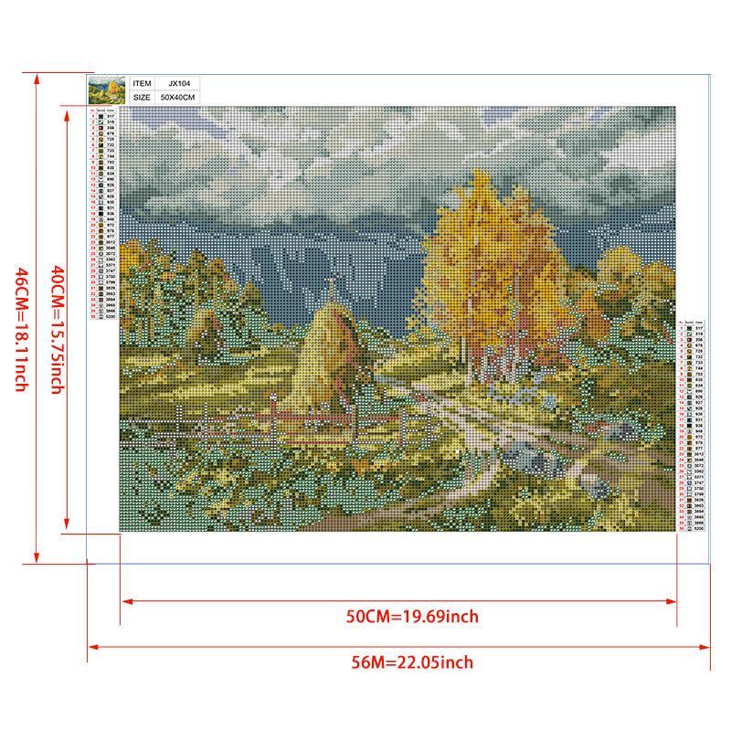 Autumn Farm Diamond Painting Kit – Golden Aspen Trees, Hay Bales & Red Fence with Mountain Storm Sky JX104
