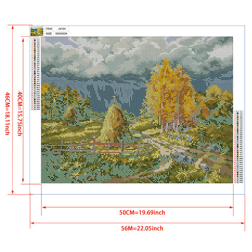 Autumn Farm Diamond Painting Kit – Golden Aspen Trees, Hay Bales & Red Fence with Mountain Storm Sky JX104