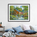Summer Watermill Diamond Painting Kit – Rustic Mill with Waterwheel, Cascading Stream & Pink Hydrangea Porch JX105