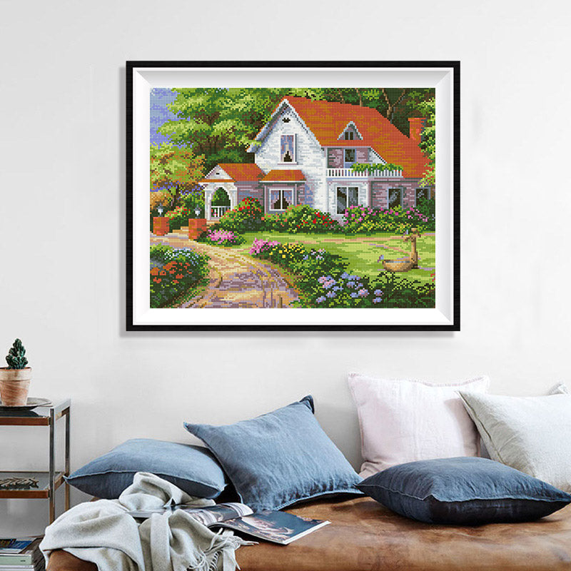 Country Villa Garden Diamond Painting Kit – White House with Red Roof, Arched Porch & Colorful Flower Garden Path JX106