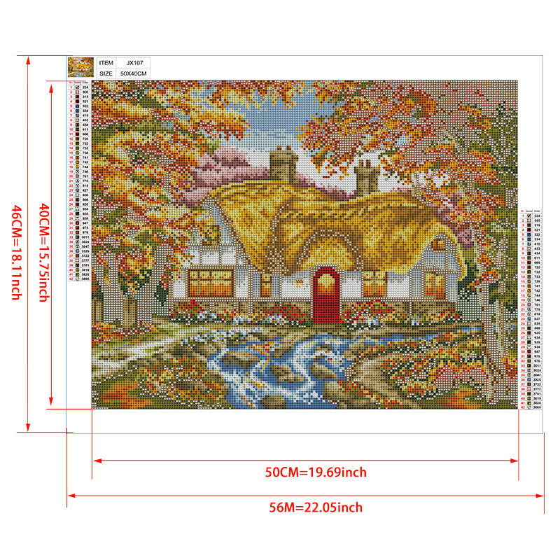 Autumn Thatched Cottage Diamond Painting Kit – Golden Thatched Roof, Red Door & Stream Surrounded by Fall Foliage JX107