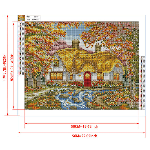 Autumn Thatched Cottage Diamond Painting Kit – Golden Thatched Roof, Red Door & Stream Surrounded by Fall Foliage JX107