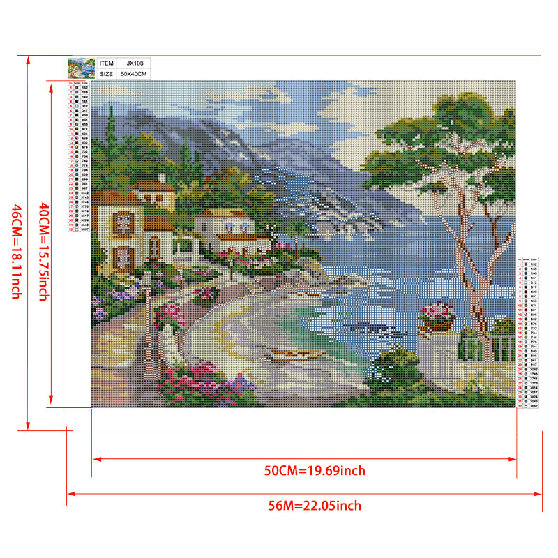 Mediterranean Bay Village Diamond Painting Kit – Coastal Villas, Rowboat & Snow-Capped Mountains with Pink Blooms JX108