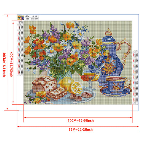 Afternoon Tea Still Life Diamond Painting Kit – Blue Gold Porcelain Teapot with Wildflower Bouquet, Lemon & Cake JX110