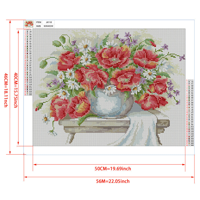 Poppy Bouquet in Blue Vase Diamond Painting Kit – Red Poppies & White Daisies on Garden Bench with Linen Drape JX112