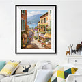 Italian Lake Town Street Diamond Painting Kit – Cobblestone Lane with Flower Balconies, Café Awning & Blue Lake View JX128