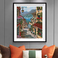 Mediterranean Village Diamond Painting Kit – Romantic Cobblestone Street with Mountain Lake View JX131