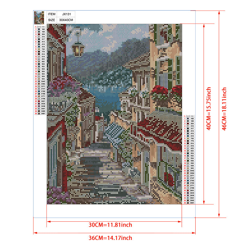 Mediterranean Village Diamond Painting Kit – Romantic Cobblestone Street with Mountain Lake View JX131