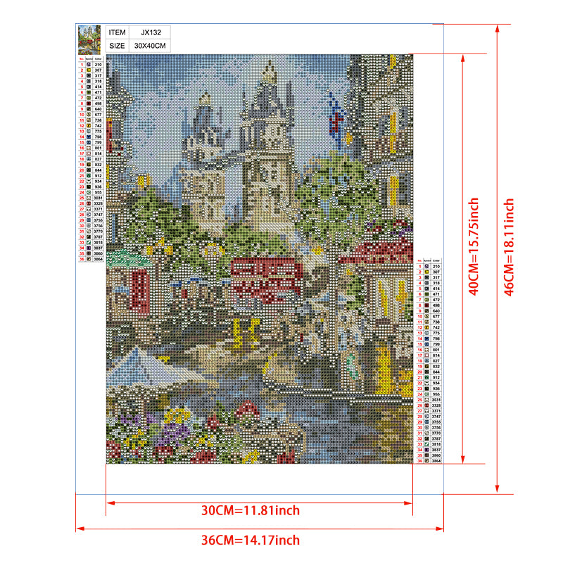 London Street Scene Diamond Painting Kit – Red Double-Decker Bus, Big Ben & Flower Market JX132
