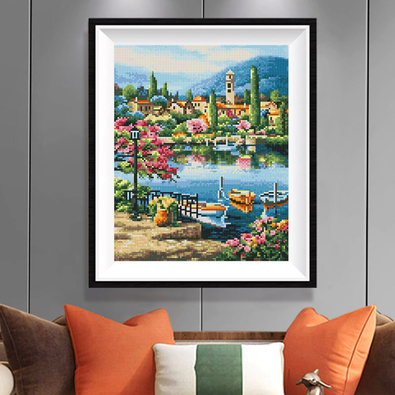 Italian Lake Town Diamond Painting Kit – Blooming Lakeside Village with Boats & Bell Tower JX133