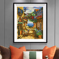 Southern European Alley Diamond Painting Kit – Golden Stone Lane with Sea View & Climbing Roses JX134