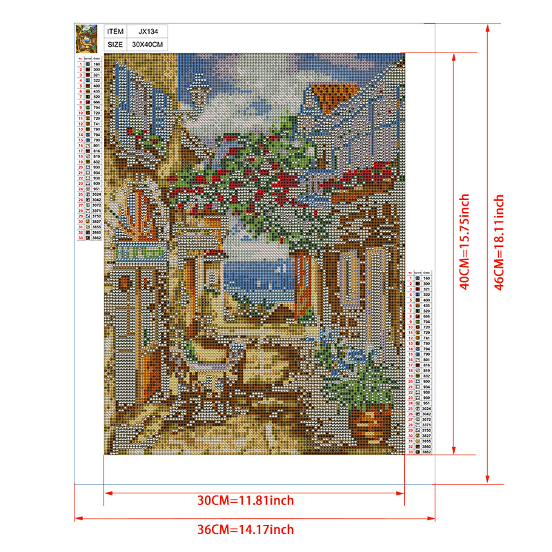 Southern European Alley Diamond Painting Kit – Golden Stone Lane with Sea View & Climbing Roses JX134
