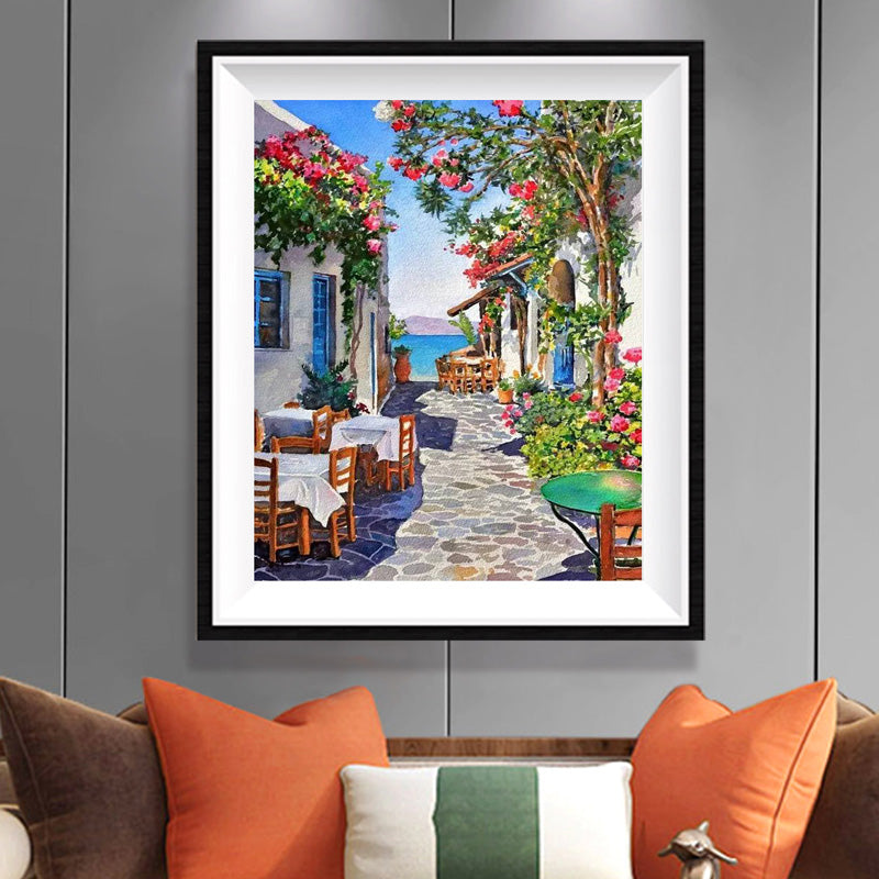 Santorini Alley Diamond Painting Kit – Greek Island Lane with Bougainvillea, Blue Doors & Aegean Sea View JX137