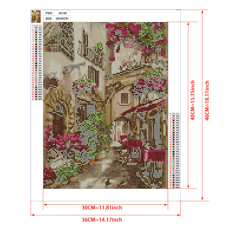Provence Village Diamond Painting Kit – Romantic French Lane with Pink Bougainvillea & Stone Cottages JX138
