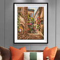 Tuscany Hidden Alley Diamond Painting Kit – Flower-Draped Italian Lane with Café & Stone Walls JX139