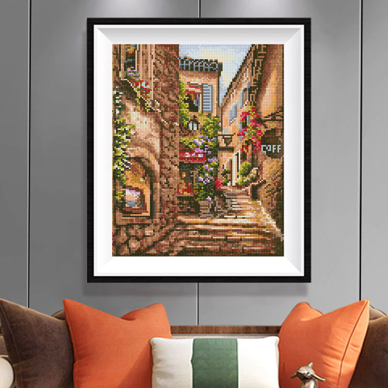 Tuscany Hidden Alley Diamond Painting Kit – Flower-Draped Italian Lane with Café & Stone Walls JX139