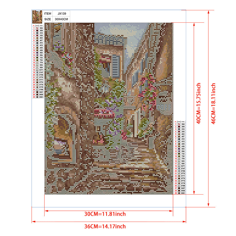 Tuscany Hidden Alley Diamond Painting Kit – Flower-Draped Italian Lane with Café & Stone Walls JX139
