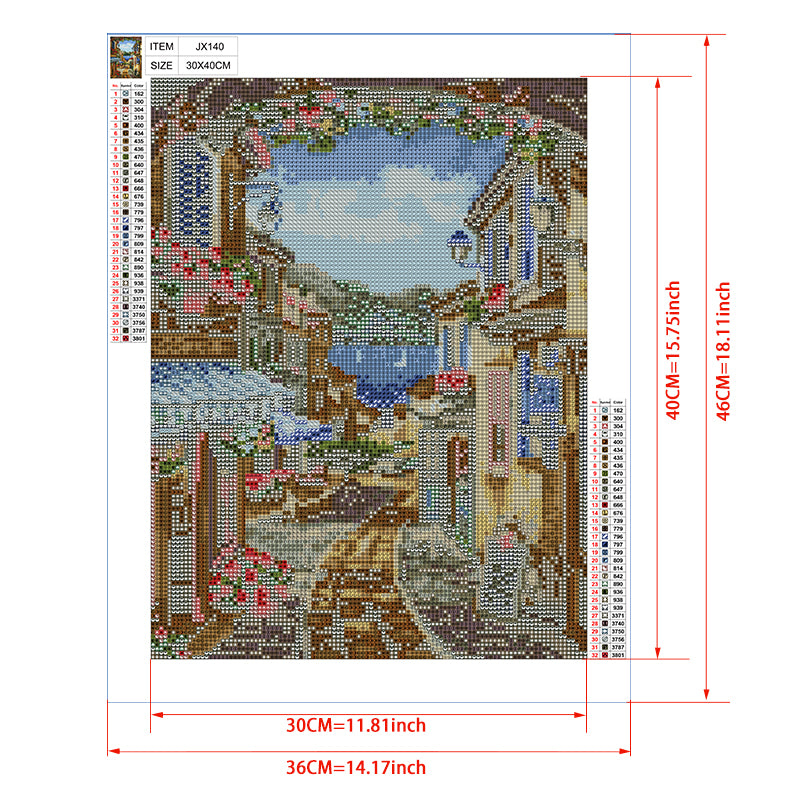 Greek Village Diamond Painting Kit – Flower Arch Framed Street with Lake View, Blue Lanterns & Bicycle JX140