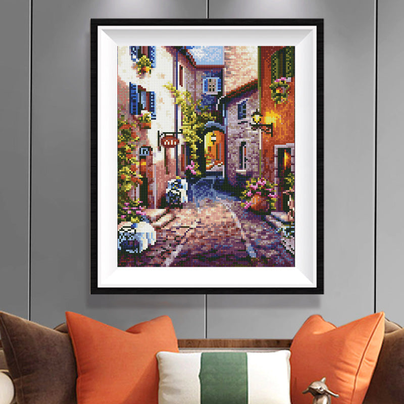 Fairytale European Village Diamond Painting Kit – Whimsical Cobblestone Lane with Stone Arch, Vines & Pink Blossoms JX142