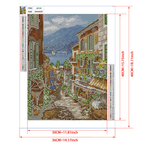 Alpine Lake Town Diamond Painting Kit – Sunny Village Street with Mountain View, Terrace Garden & Iron Lantern JX143