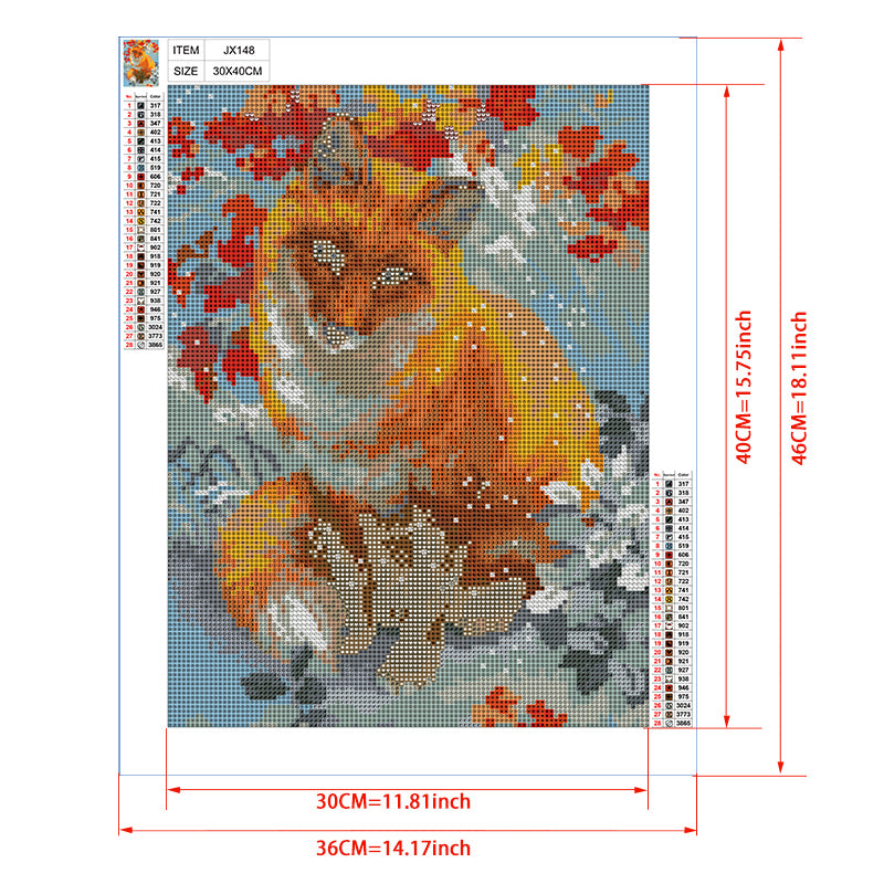 Red Fox in Snow Diamond Painting Kit – Autumn Leaves & Winter Snowflakes Wildlife Portrait JX148
