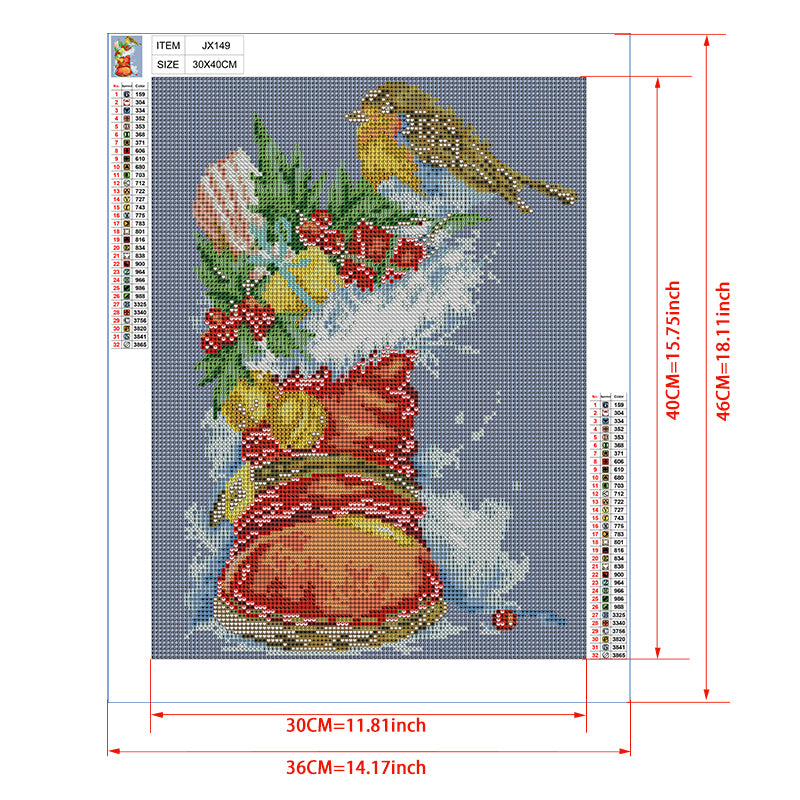 Christmas Boot Diamond Painting Kit – Festive Red Boot with Holly, Berries, Bells & Winter Bird in Snow JX149