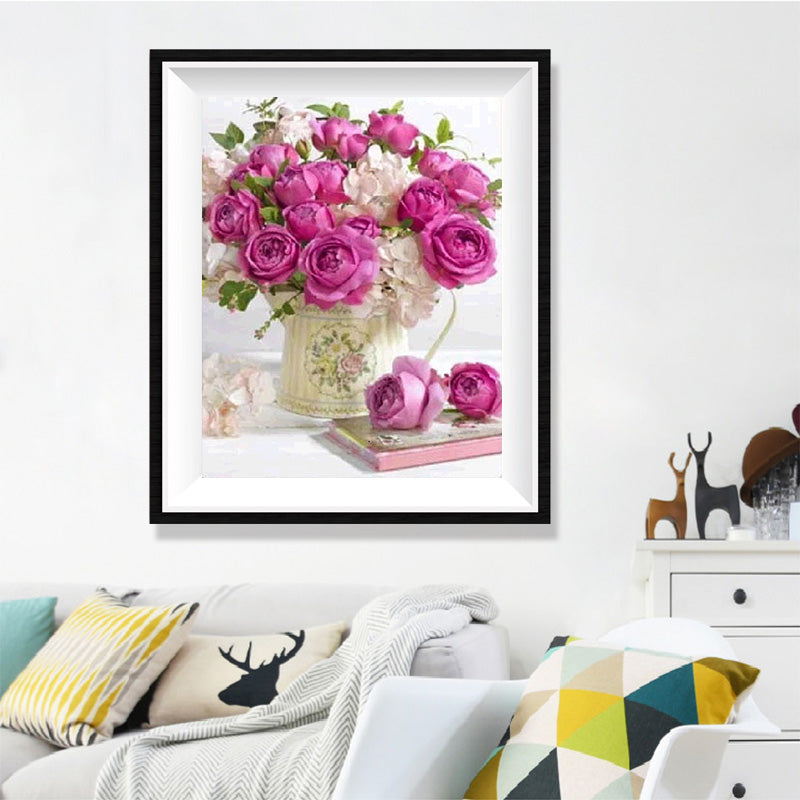 Magenta Rose Bouquet Diamond Painting Kit – Lush Pink-Purple Roses in Glass Vase with White Blossoms JX15