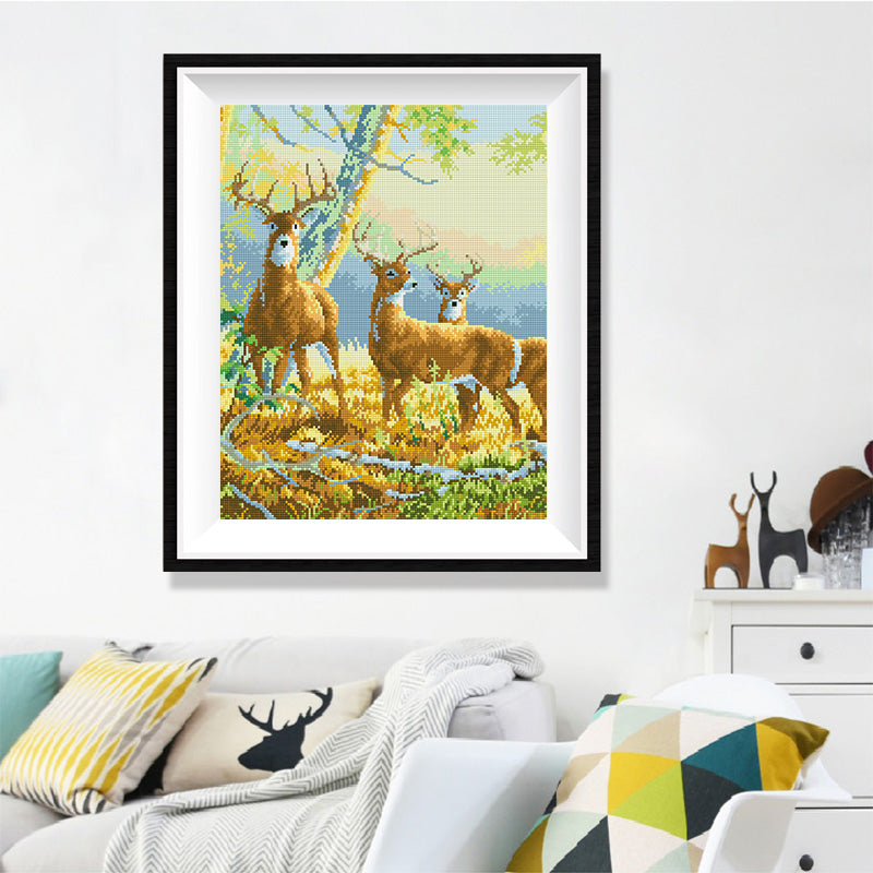 Autumn Deer in Forest Diamond Painting Kit – Three Majestic Stags Resting Among Golden Birch Trees & Fall Leaves JX151