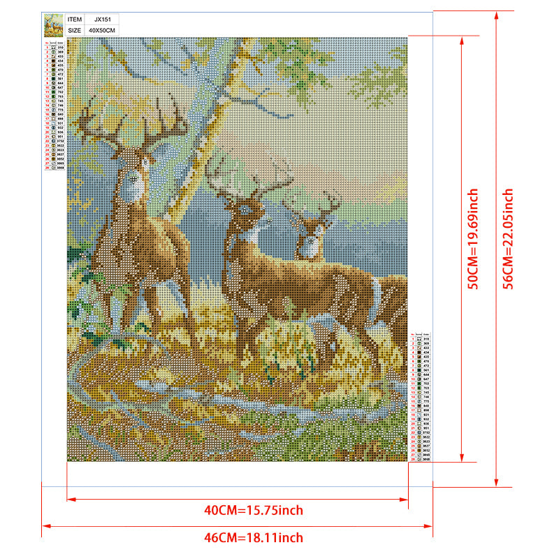 Autumn Deer in Forest Diamond Painting Kit – Three Majestic Stags Resting Among Golden Birch Trees & Fall Leaves JX151