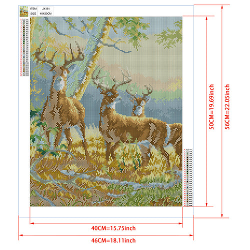 Autumn Deer in Forest Diamond Painting Kit – Three Majestic Stags Resting Among Golden Birch Trees & Fall Leaves JX151