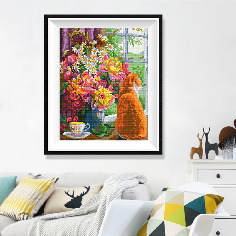 Ginger Cat & Flower Bouquet Diamond Painting Kit – Orange Tabby by Window with Pink Dahlias, Yellow Roses & Daisies JX152
