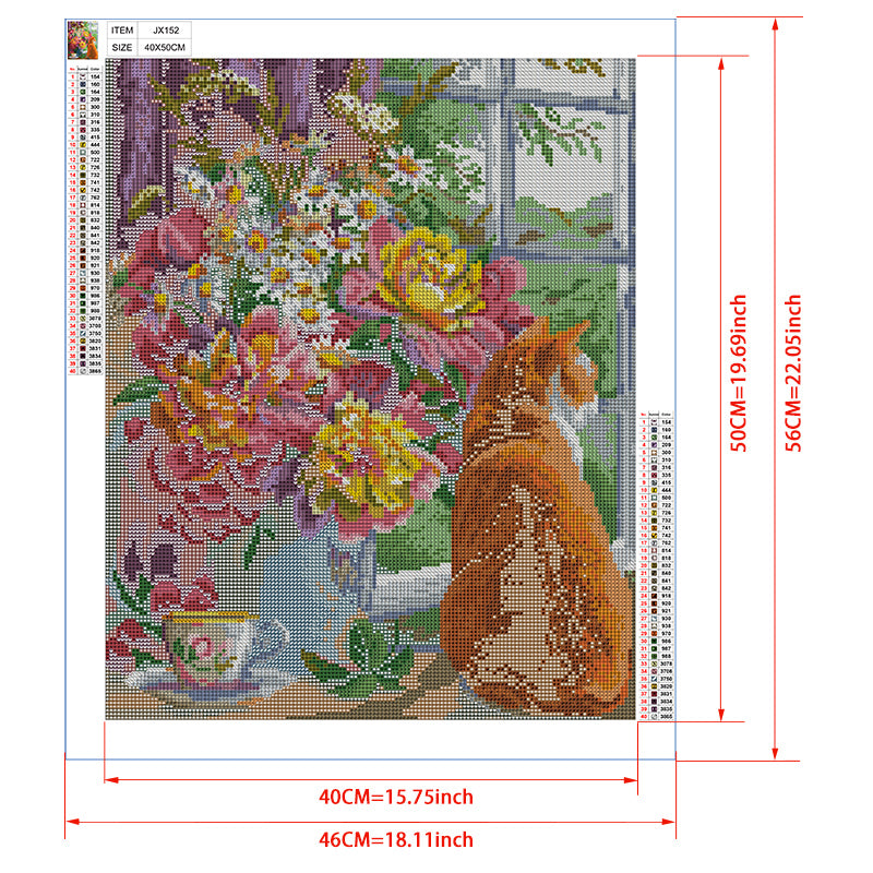 Ginger Cat & Flower Bouquet Diamond Painting Kit – Orange Tabby by Window with Pink Dahlias, Yellow Roses & Daisies JX152