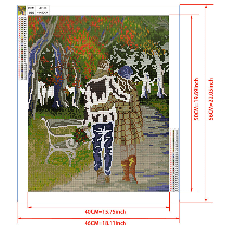 Autumn Park Couple Diamond Painting Kit – Lovers Walking Arm in Arm Through Birch Tree Lane with Fall Foliage JX153