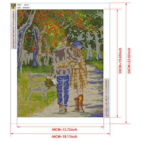 Autumn Park Couple Diamond Painting Kit – Lovers Walking Arm in Arm Through Birch Tree Lane with Fall Foliage JX153