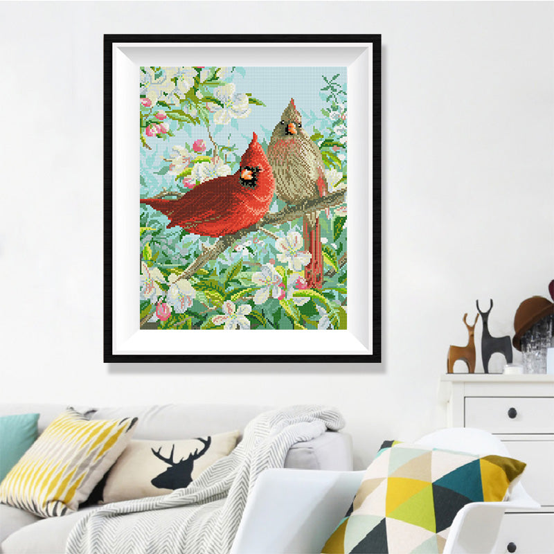 Cardinal Pair in Apple Blossom Diamond Painting Kit – Red & Female Cardinal on Branch with White Spring Flowers JX155