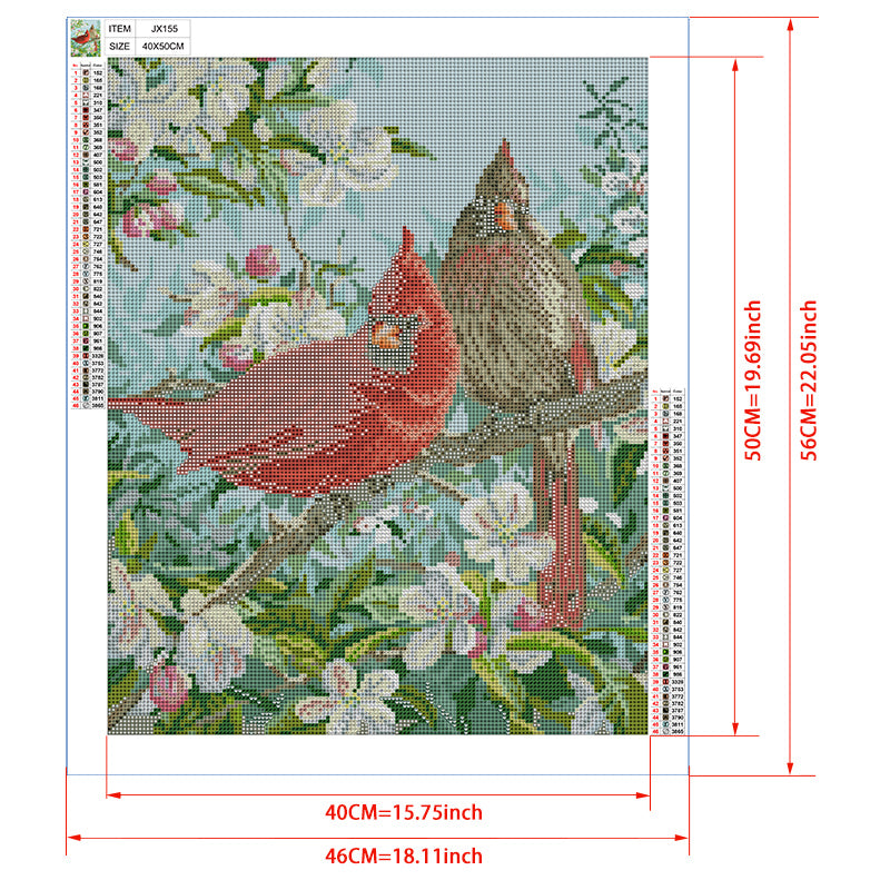 Cardinal Pair in Apple Blossom Diamond Painting Kit – Red & Female Cardinal on Branch with White Spring Flowers JX155